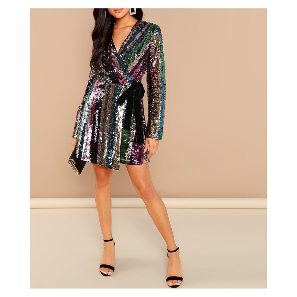Colorful Rainbow Wrap Sequin Cocktail Dress - Picture 4 of 8